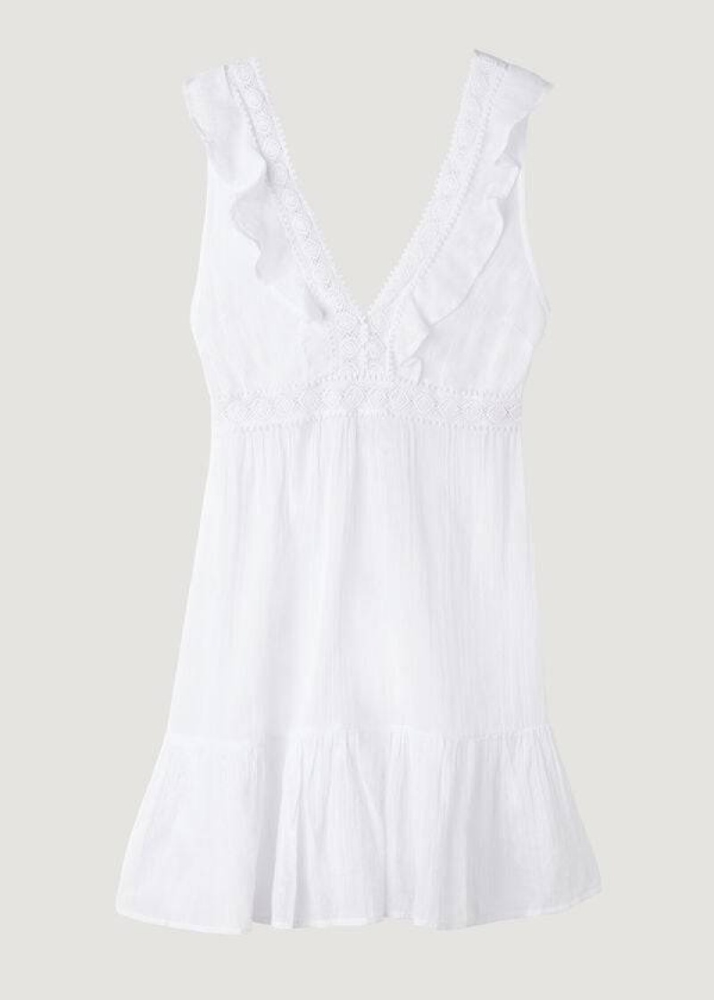 Calzedonia Mini Dress with Ruffle and Passementerie Women's Cover Ups White | CA 2084UT