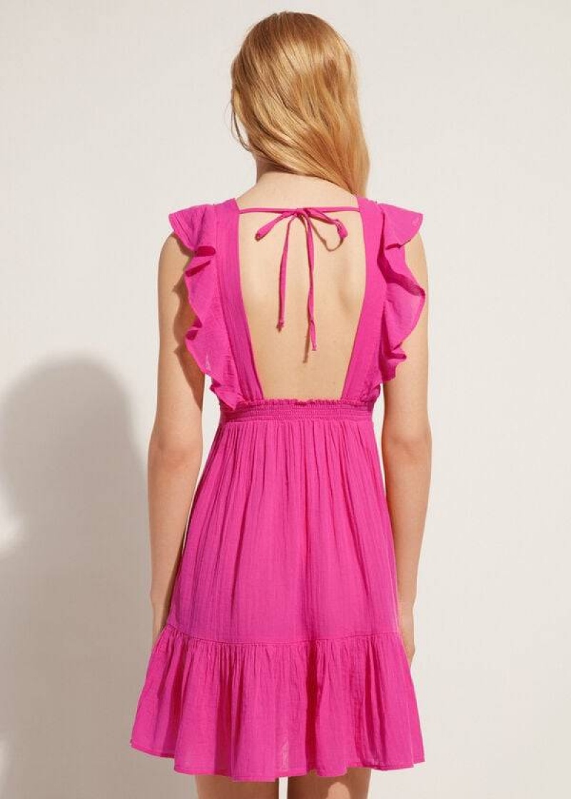 Calzedonia Mini Dress with Ruffle and Passementerie Women's Cover Ups Pink | CA 2083YU