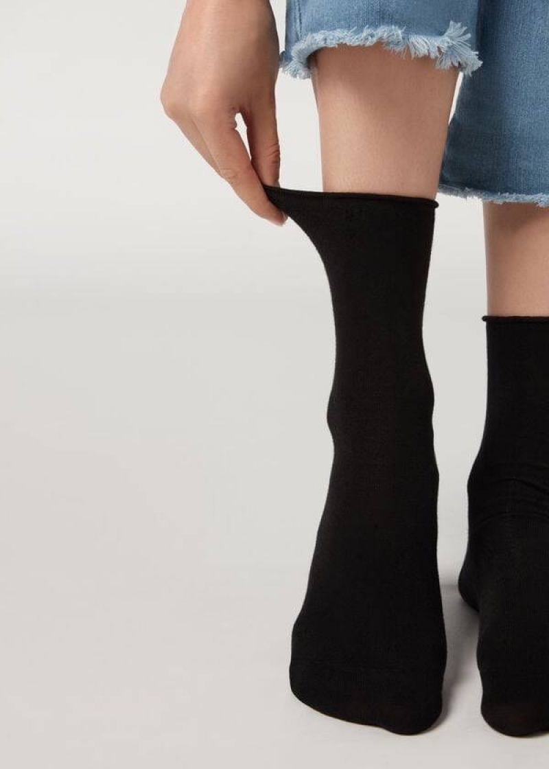 Calzedonia Non-Elastic Cotton Ankle Short Women\'s Socks Black | CA 1734XF