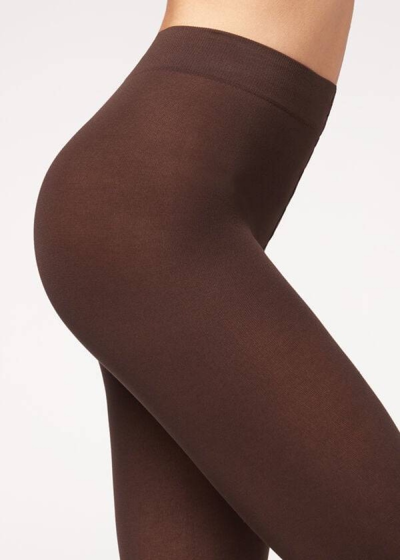 Calzedonia Opaque 100 Denier Cotton and Microfiber Women's Tight Coffee | CA 3138HK