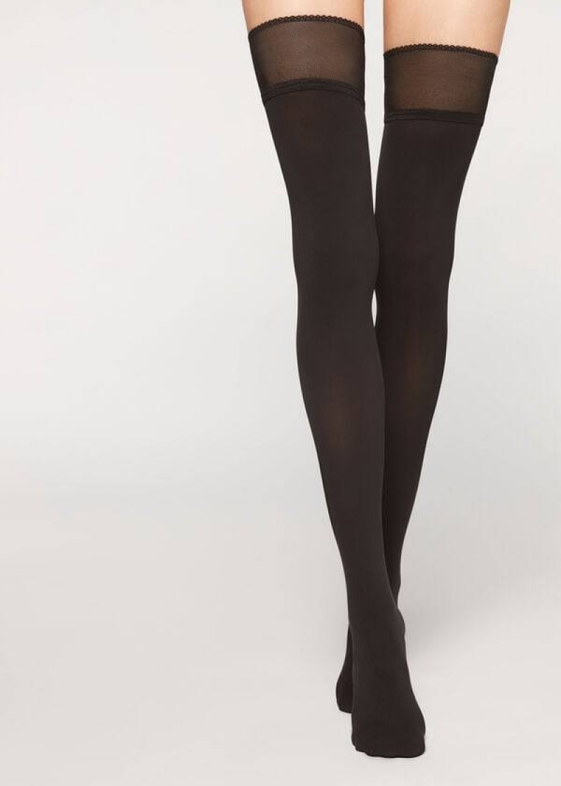 Calzedonia Opaque soft touch Thigh-Highs Women's Stockings Black | CA 2923MA