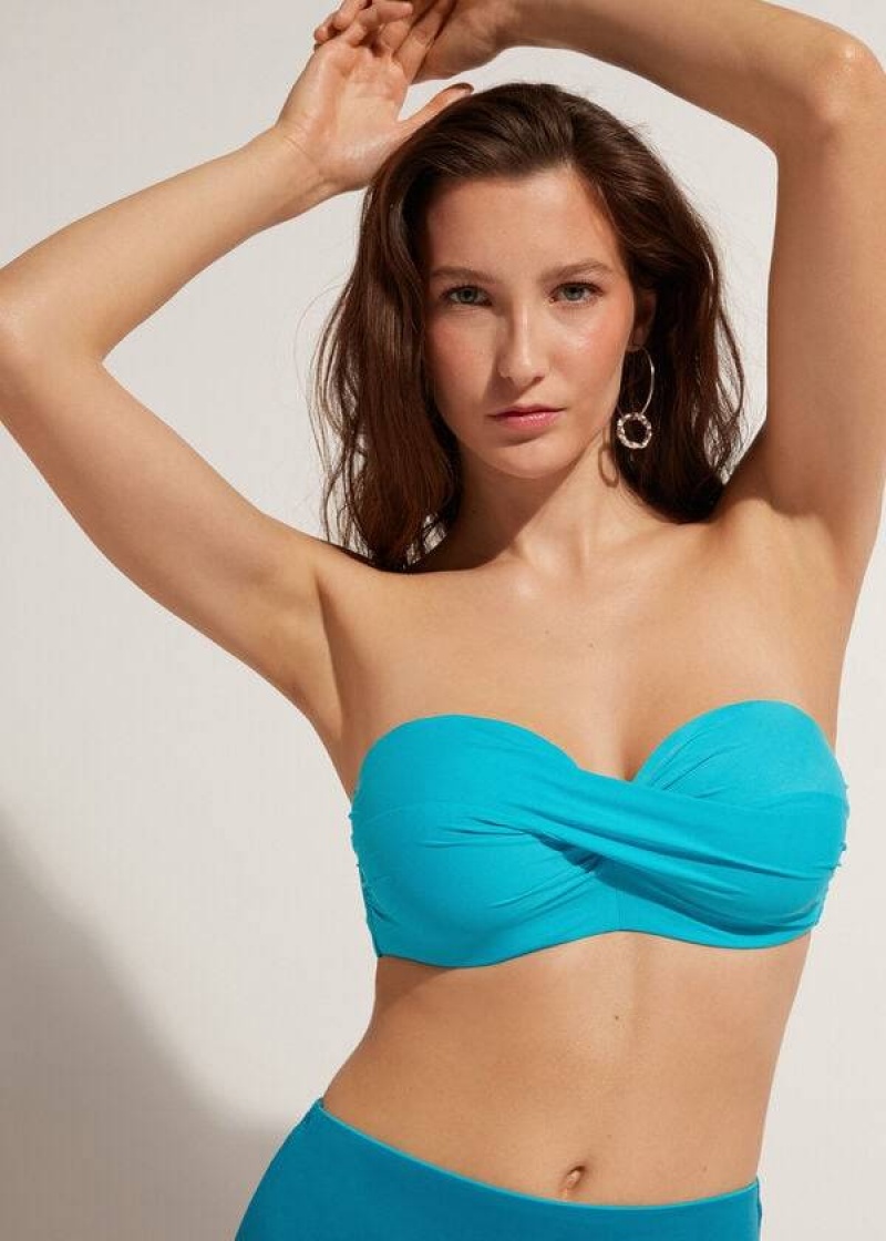 Calzedonia Padded Bandeau Indonesia Strapless Women's Bikini Tops Turquoise | CA 2380BC