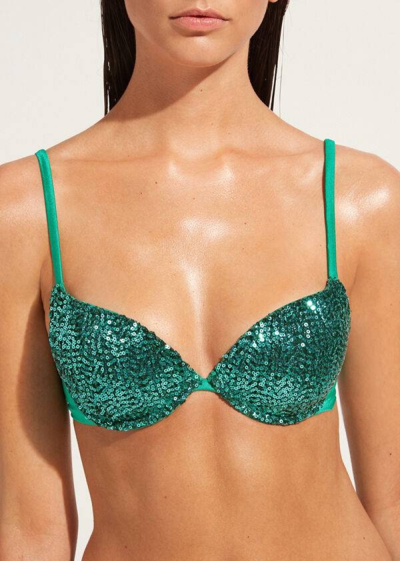 Calzedonia Padded Push-Up Cannes Women\'s Bikini Tops Green | CA 2351QZ