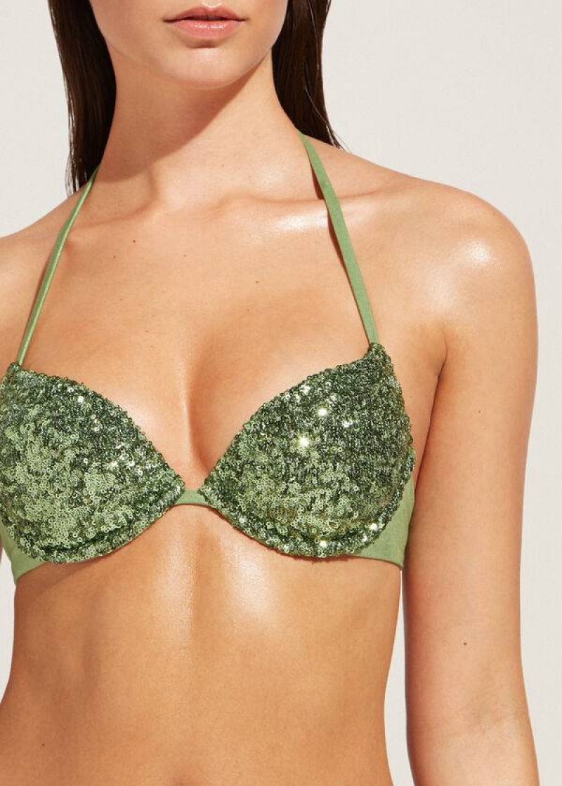 Calzedonia Padded Push-Up Cannes rosa Women's Bikini Tops Green | CA 2349EX