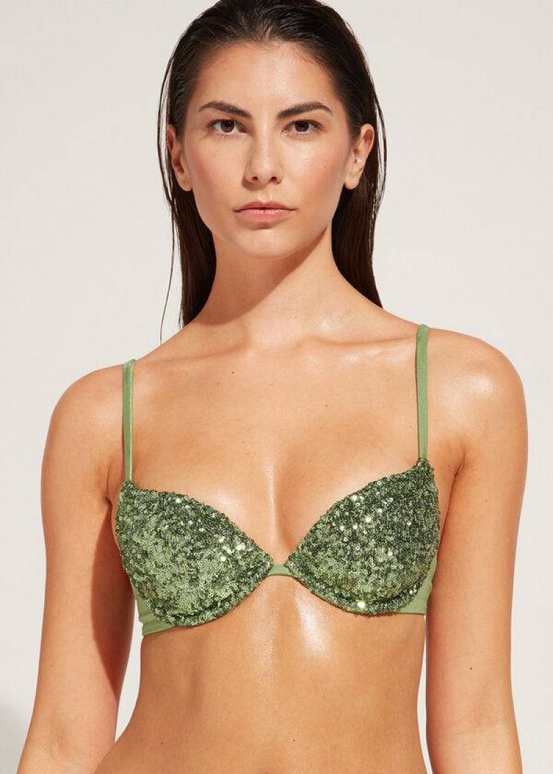 Calzedonia Padded Push-Up Cannes rosa Women\'s Bikini Tops Green | CA 2349EX