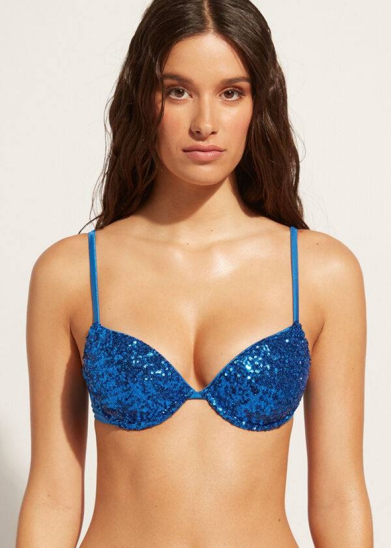 Calzedonia Padded Push-Up Cannes rosa Women\'s Bikini Tops Blue | CA 2346YU