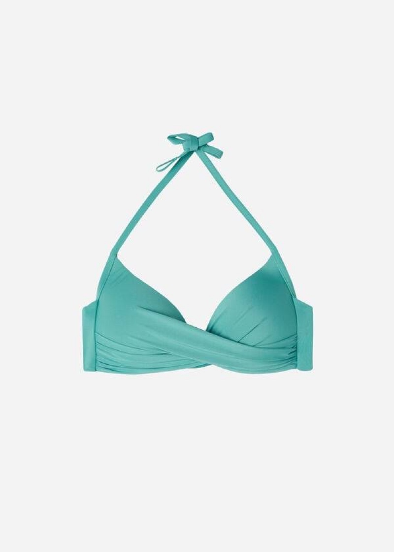 Calzedonia Padded Triangle Indonesia Eco strass Women's Bikini Tops Turquoise | CA 2266UT