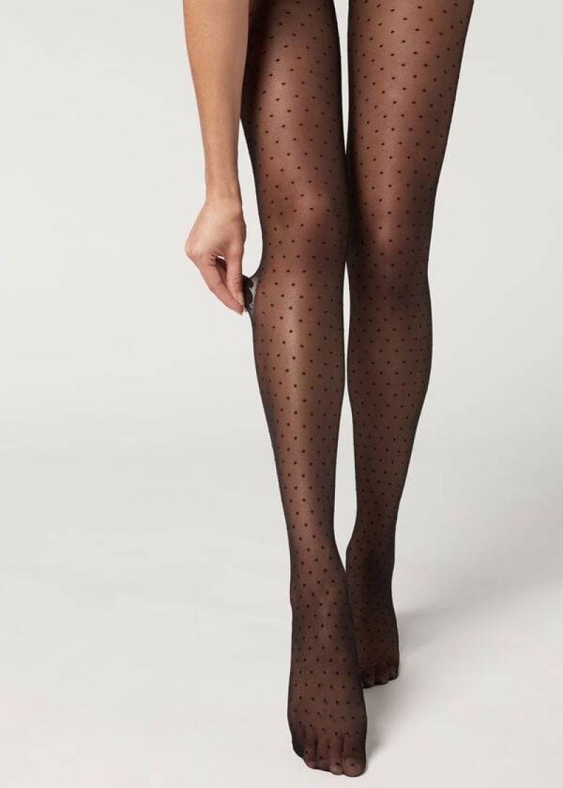 Calzedonia Polka Dot 20 Denier Invisible Sheer Patterned Women's Tight Black | CA 3072AP