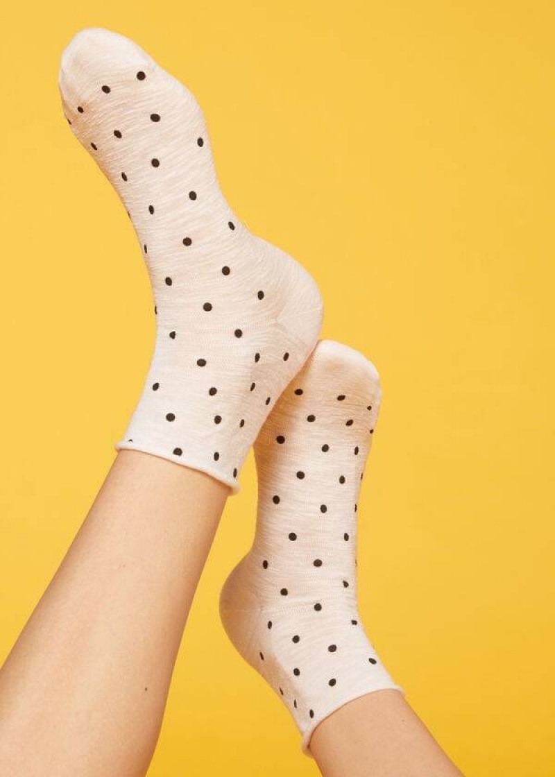 Calzedonia Polka Dot Motif Short with Linen Women\'s Socks White | CA 1723PQ