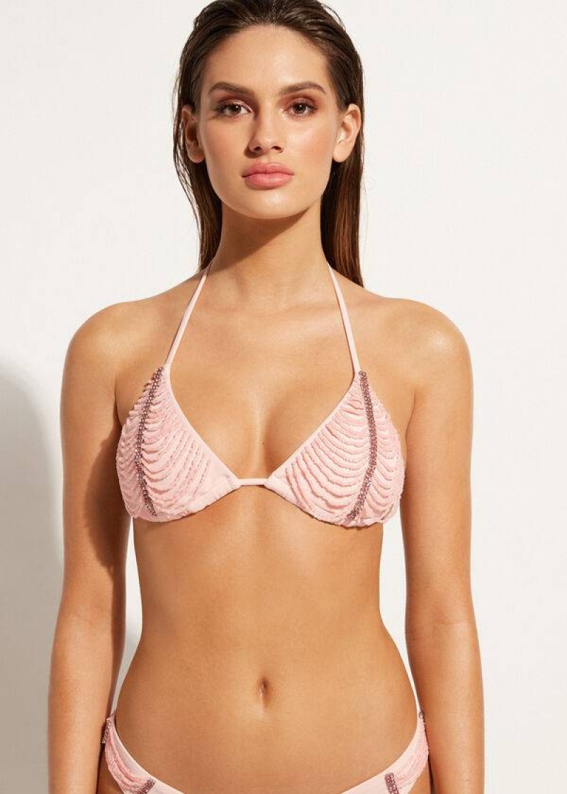 Calzedonia Rhinestone Beaded Slide Triangle Manila Women\'s Bikini Tops Pink | CA 2234QZ