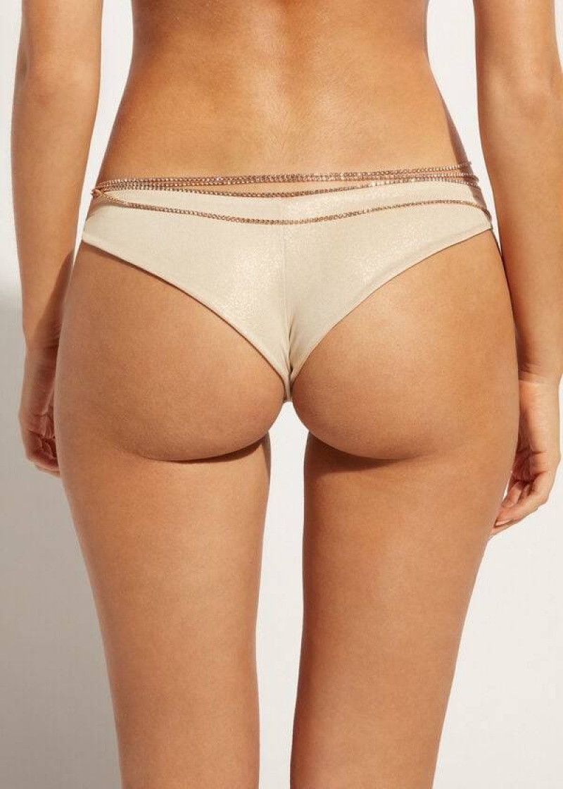 Calzedonia Rhinestone Brazilian Luxor Women's Bikini Bottoms Gold | CA 2676UT