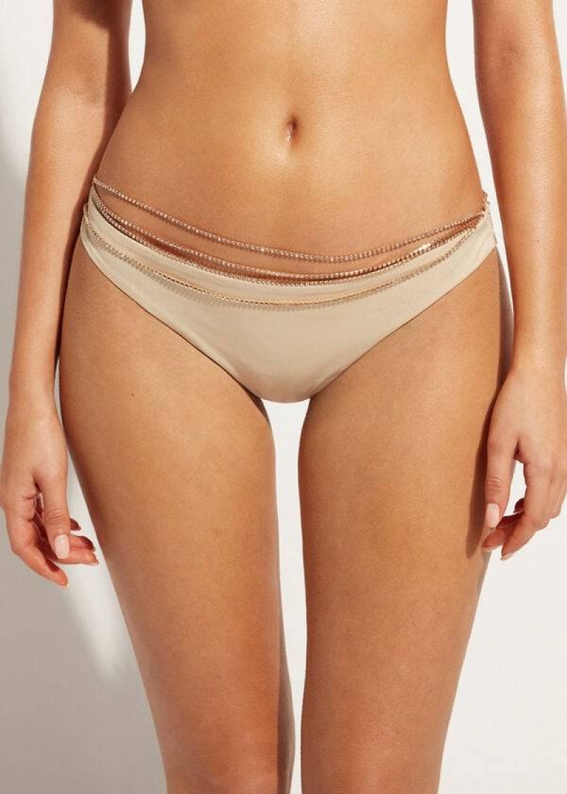 Calzedonia Rhinestone Brazilian Luxor Women\'s Bikini Bottoms Gold | CA 2676UT