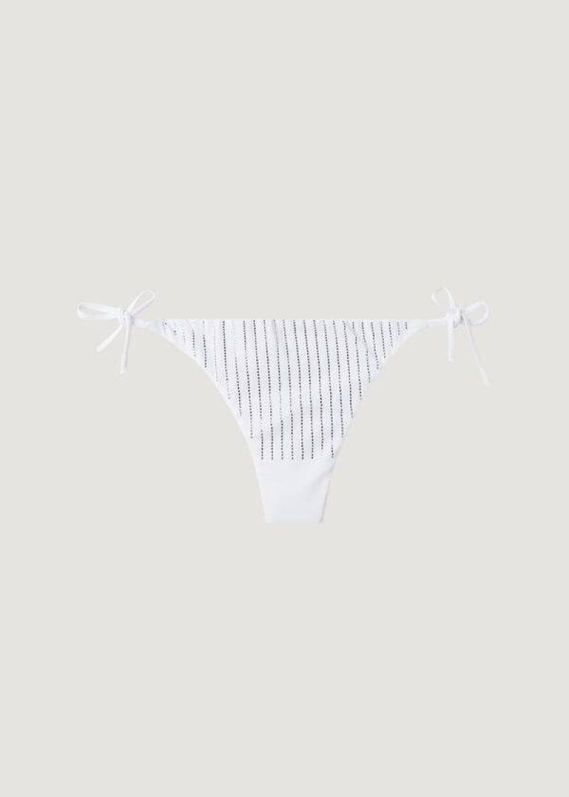 Calzedonia Rhinestone Brazilian String Shanghai Women's Bikini Bottoms White | CA 2672AP