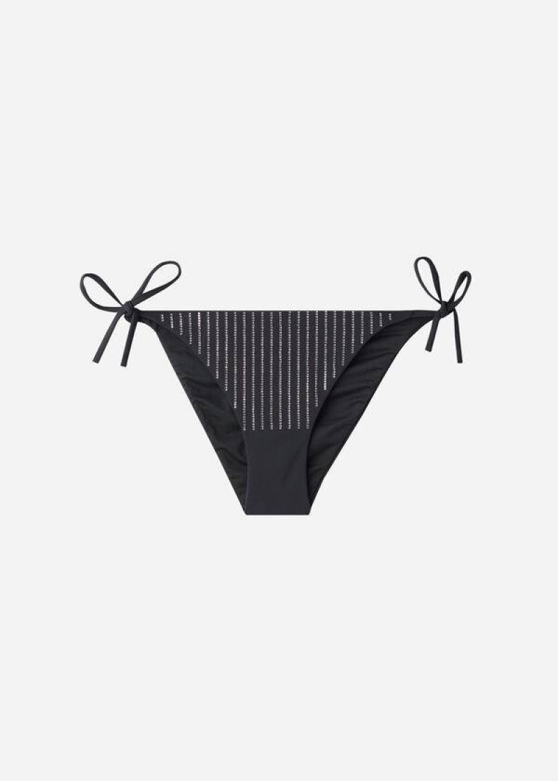 Calzedonia Rhinestone String Shanghai Women's Bikini Bottoms Black | CA 2667HK