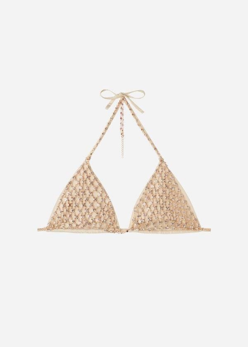 Calzedonia Rhinestone Triangle String Luxor Women's Bikini Tops Gold | CA 2233MA