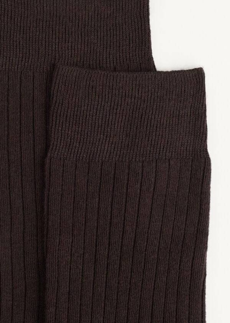 Calzedonia Ribbed Cashmere Short Crew Men's Socks Coffee | CA 1344XF