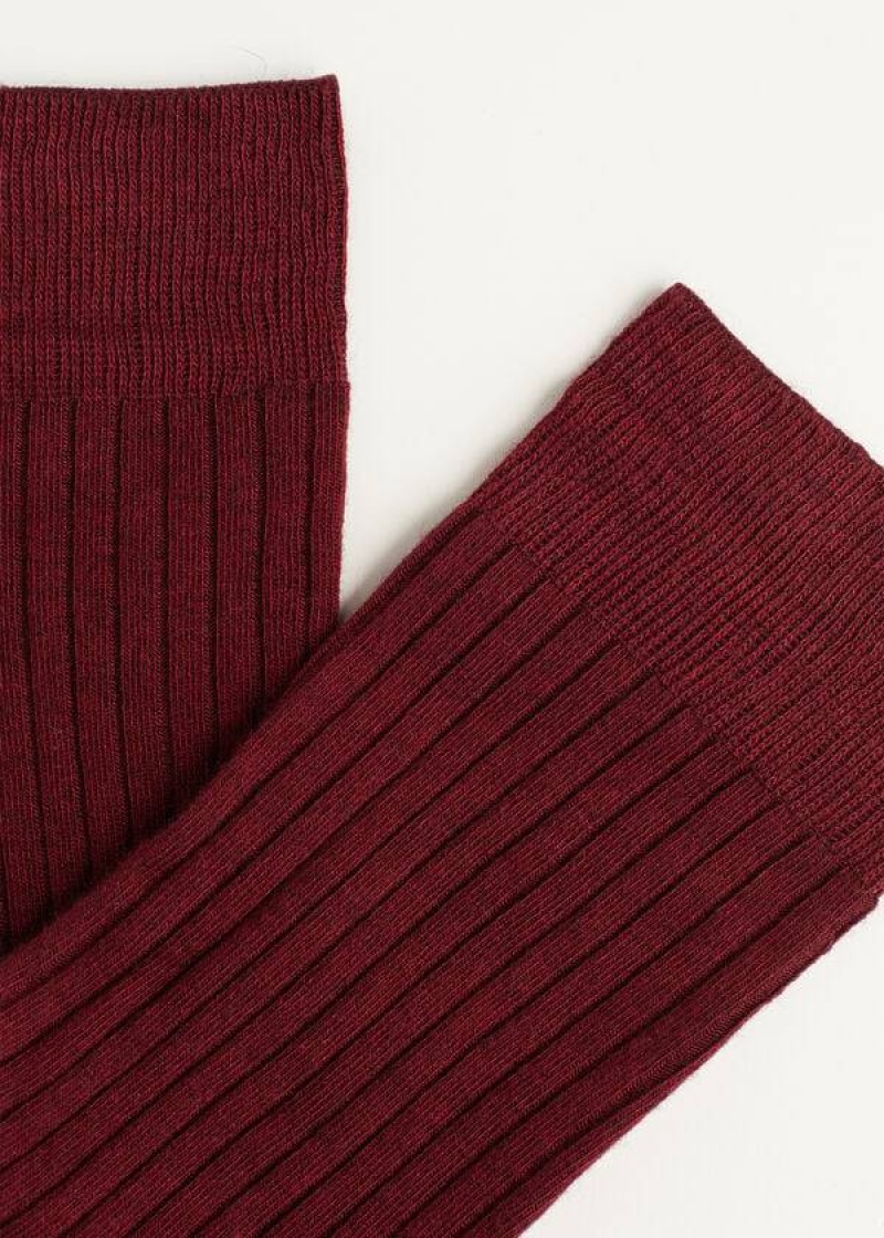 Calzedonia Ribbed Cashmere Short Crew Men's Socks Burgundy | CA 1343ZG