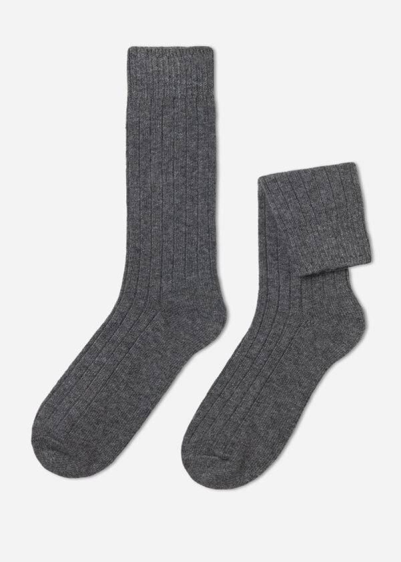 Calzedonia Ribbed Crew with Wool and Cashmere Men\'s Socks Grey | CA 1371CE