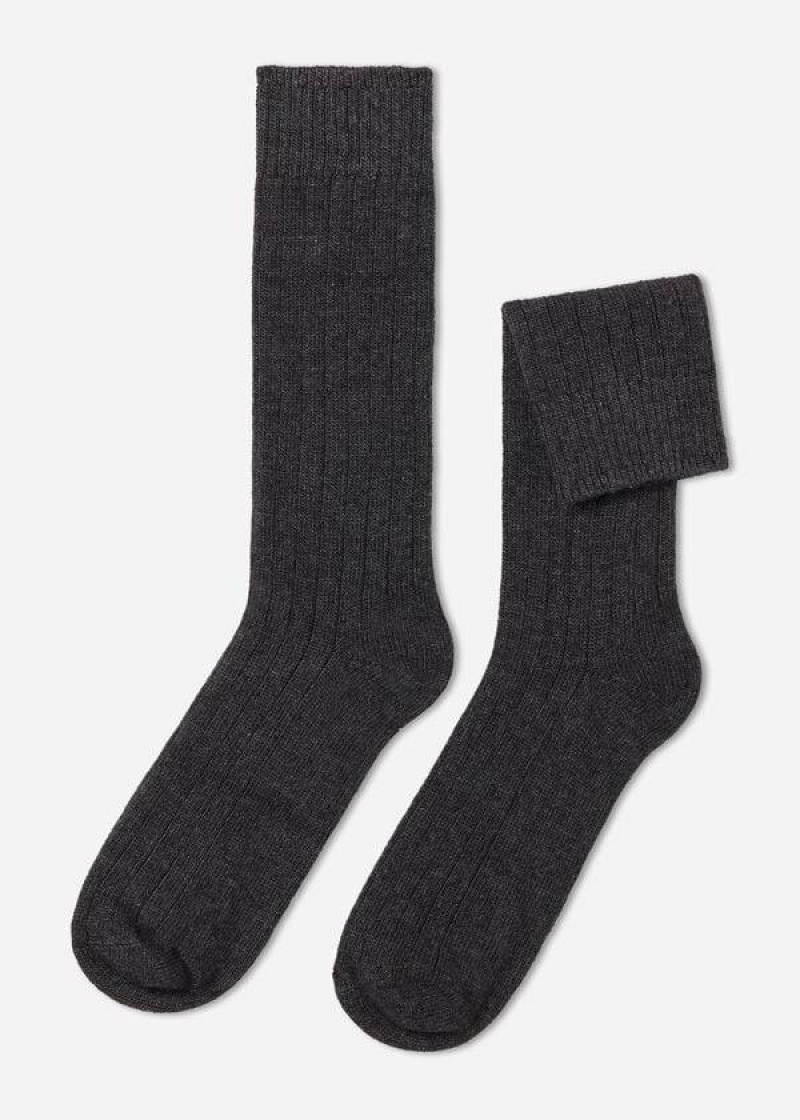 Calzedonia Ribbed Crew with Wool and Cashmere Men\'s Socks Grey | CA 1353RW