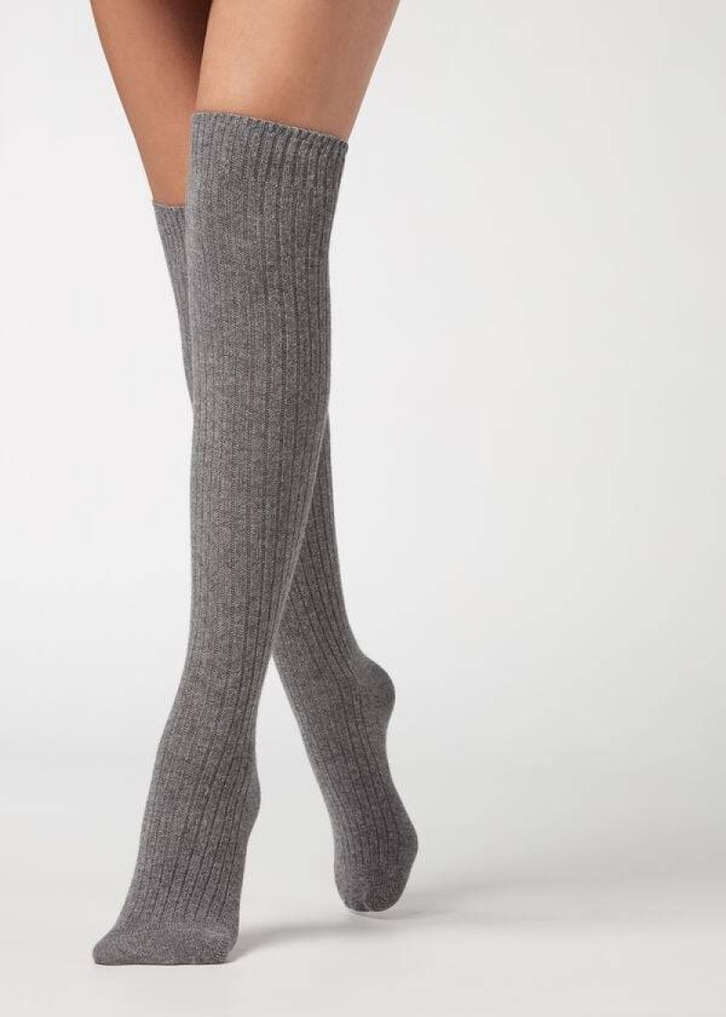 Calzedonia Ribbed Long with Wool and Cashmere Women's Socks Grey | CA 1936GL