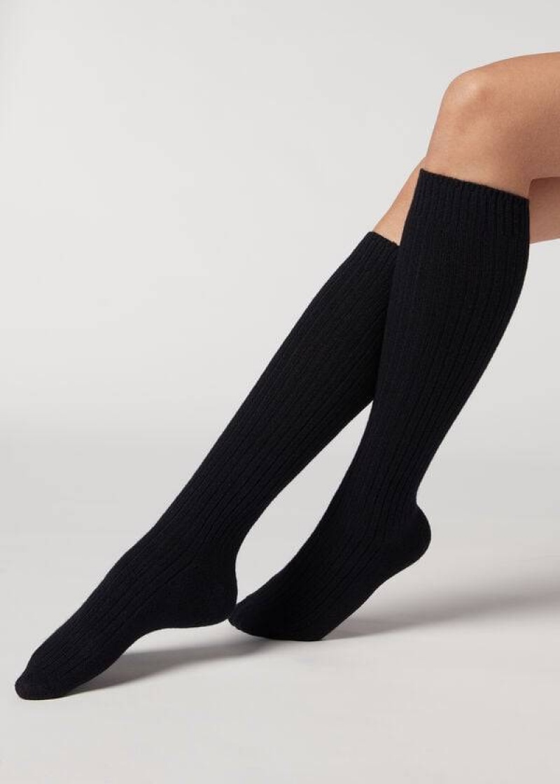 Calzedonia Ribbed Long with Wool and Cashmere Women\'s Socks Blue | CA 1934DN