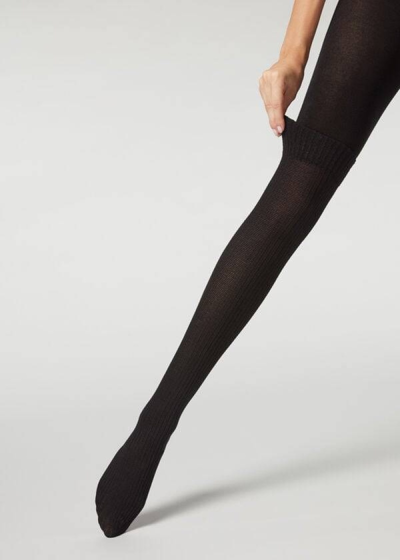 Calzedonia Ribbed Longuette Effect with Cashmere Patterned Women's Tight Black | CA 3066NB