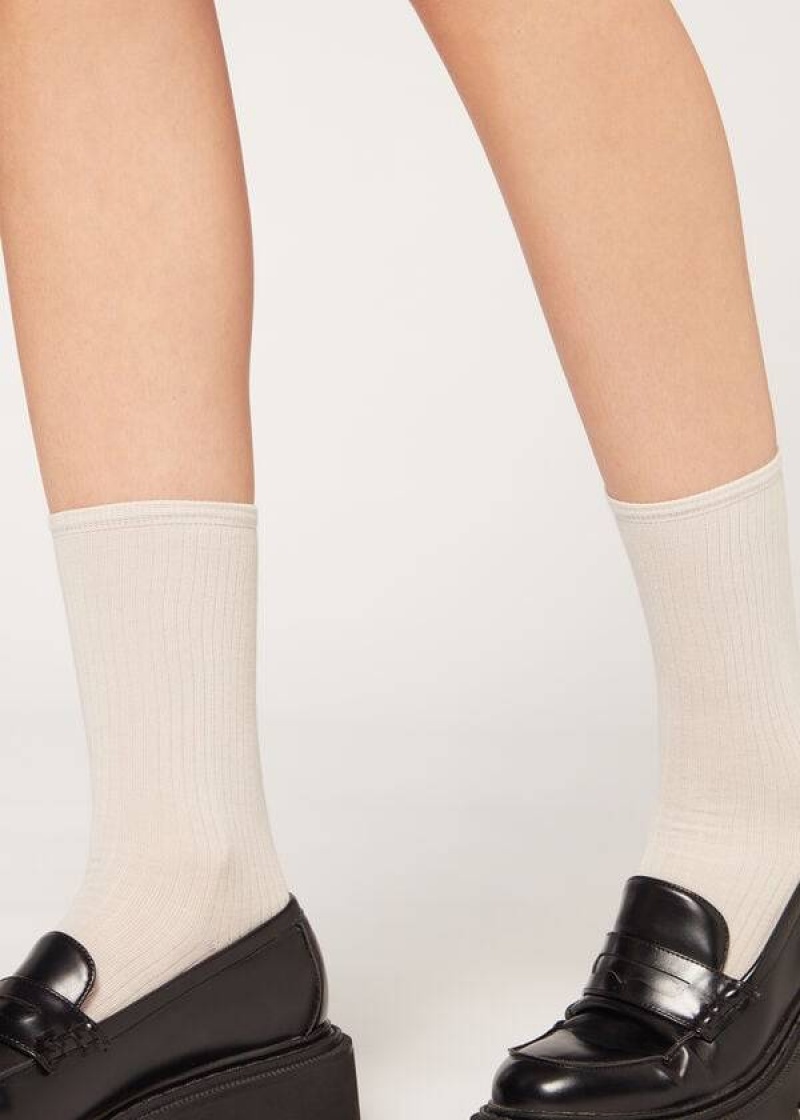 Calzedonia Ribbed Short Women's Socks Beige | CA 1704JJ