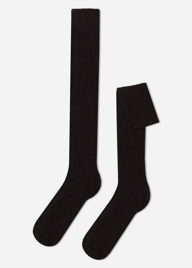 Calzedonia Ribbed Wool and Cashmere Long Men\'s Socks Brown | CA 1415FM