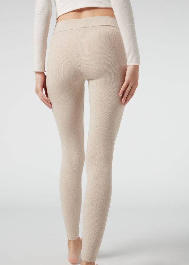 Calzedonia Ribbed with Cashmere Women's Leggings Beige | CA 1517SO