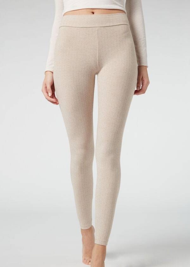 Calzedonia Ribbed with Cashmere Women\'s Leggings Beige | CA 1517SO