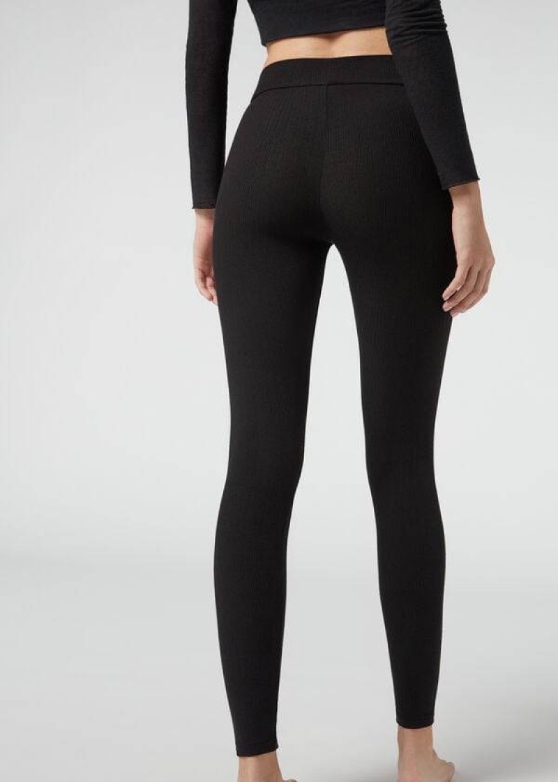 Calzedonia Ribbed with Cashmere Women's Leggings Black | CA 1516AP