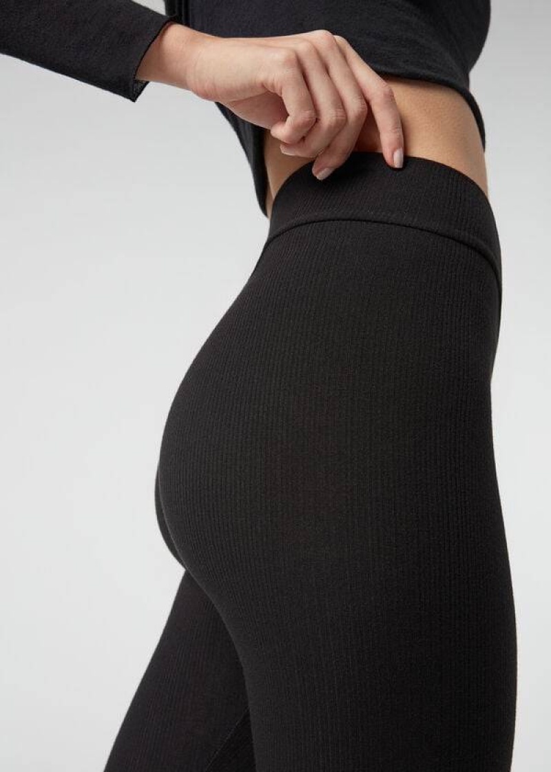 Calzedonia Ribbed with Cashmere Women's Leggings Black | CA 1516AP