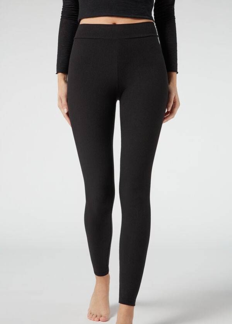 Calzedonia Ribbed with Cashmere Women\'s Leggings Black | CA 1516AP