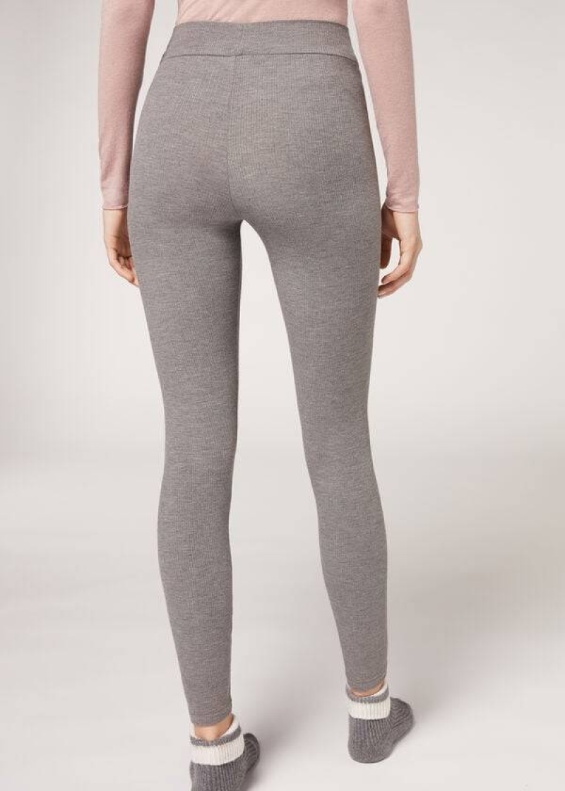 Calzedonia Ribbed with Cashmere Women's Leggings Grey | CA 1515PQ