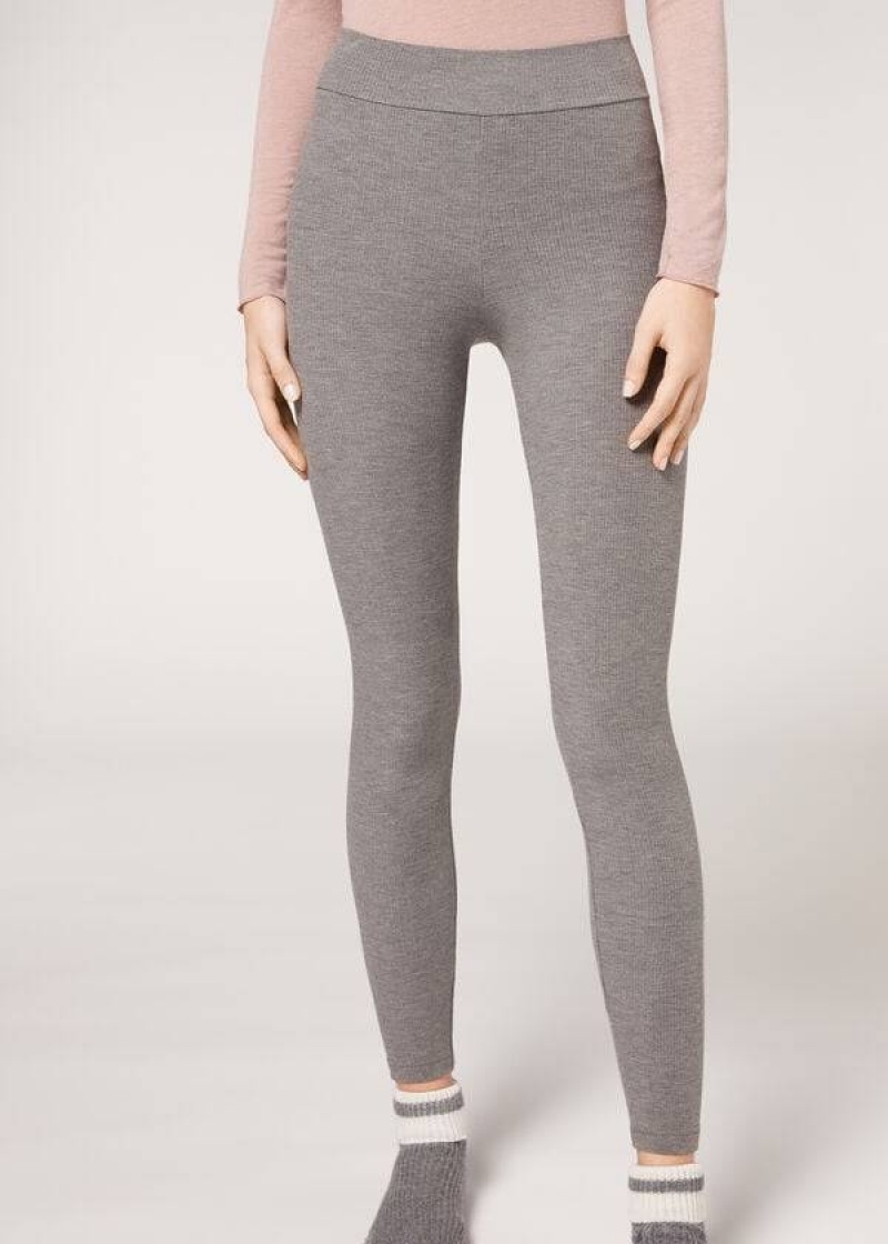 Calzedonia Ribbed with Cashmere Women\'s Leggings Grey | CA 1515PQ