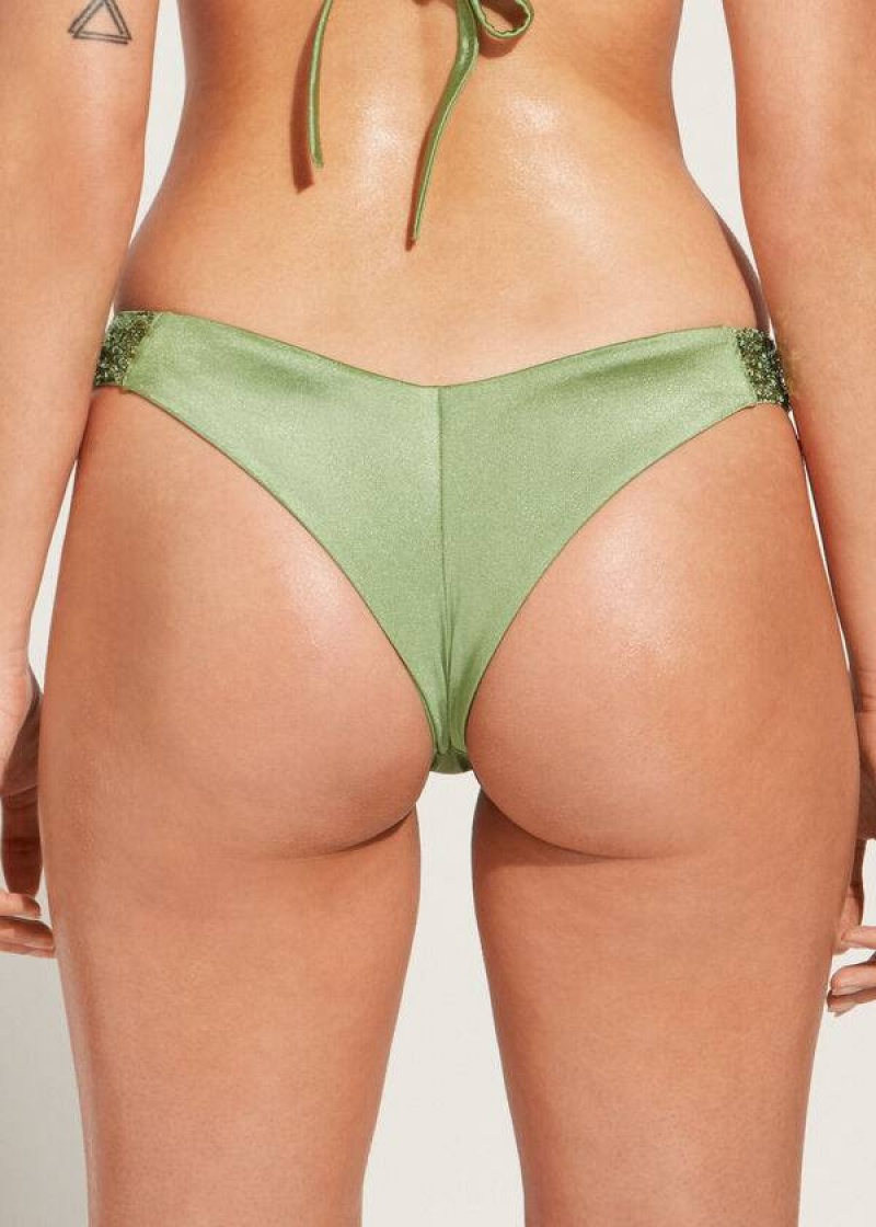 Calzedonia Sequined High-Cut Brazilian Cannes Women's Bikini Bottoms Green | CA 2647PQ