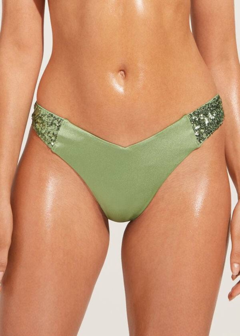 Calzedonia Sequined High-Cut Brazilian Cannes Women\'s Bikini Bottoms Green | CA 2647PQ