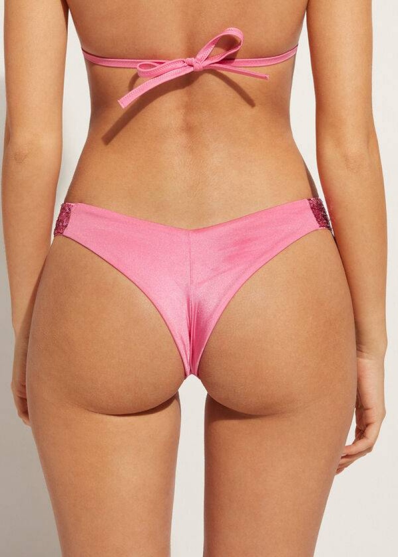 Calzedonia Sequined High-Cut Brazilian Cannes Cheeky Women's Bikini Bottoms Pink | CA 2645SO