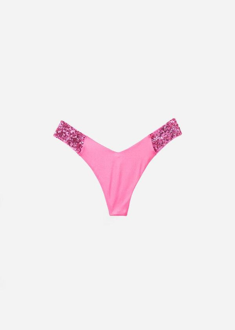 Calzedonia Sequined High-Cut Brazilian Cannes Cheeky Women's Bikini Bottoms Pink | CA 2645SO