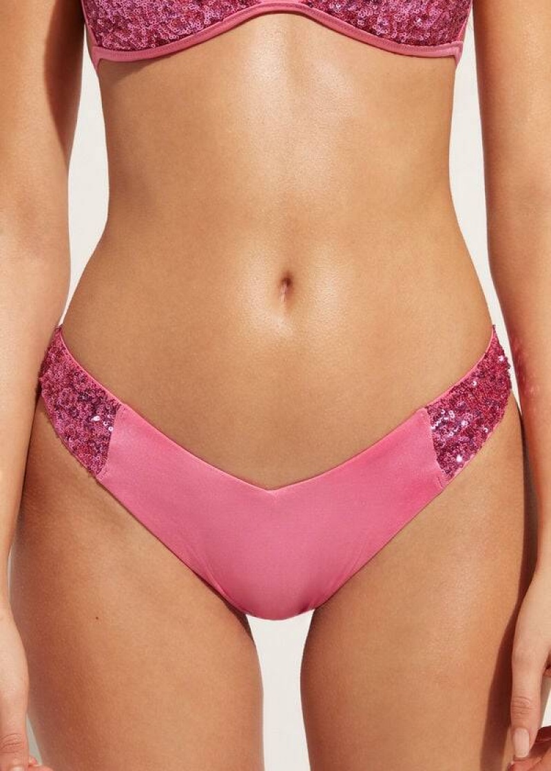 Calzedonia Sequined High-Cut Brazilian Cannes Cheeky Women\'s Bikini Bottoms Pink | CA 2645SO