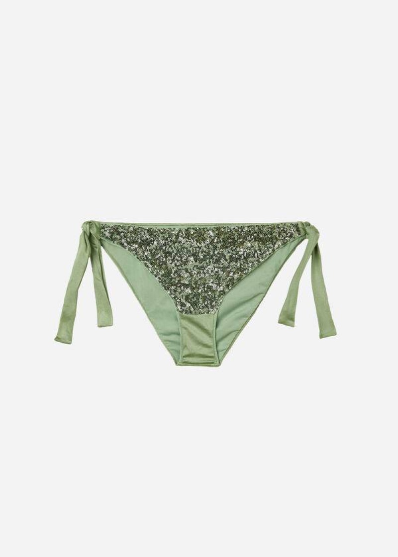 Calzedonia Sequined Side-Tie Cannes Women's Bikini Bottoms Green | CA 2643FM