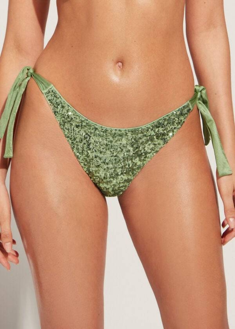 Calzedonia Sequined Side-Tie Cannes Women\'s Bikini Bottoms Green | CA 2643FM