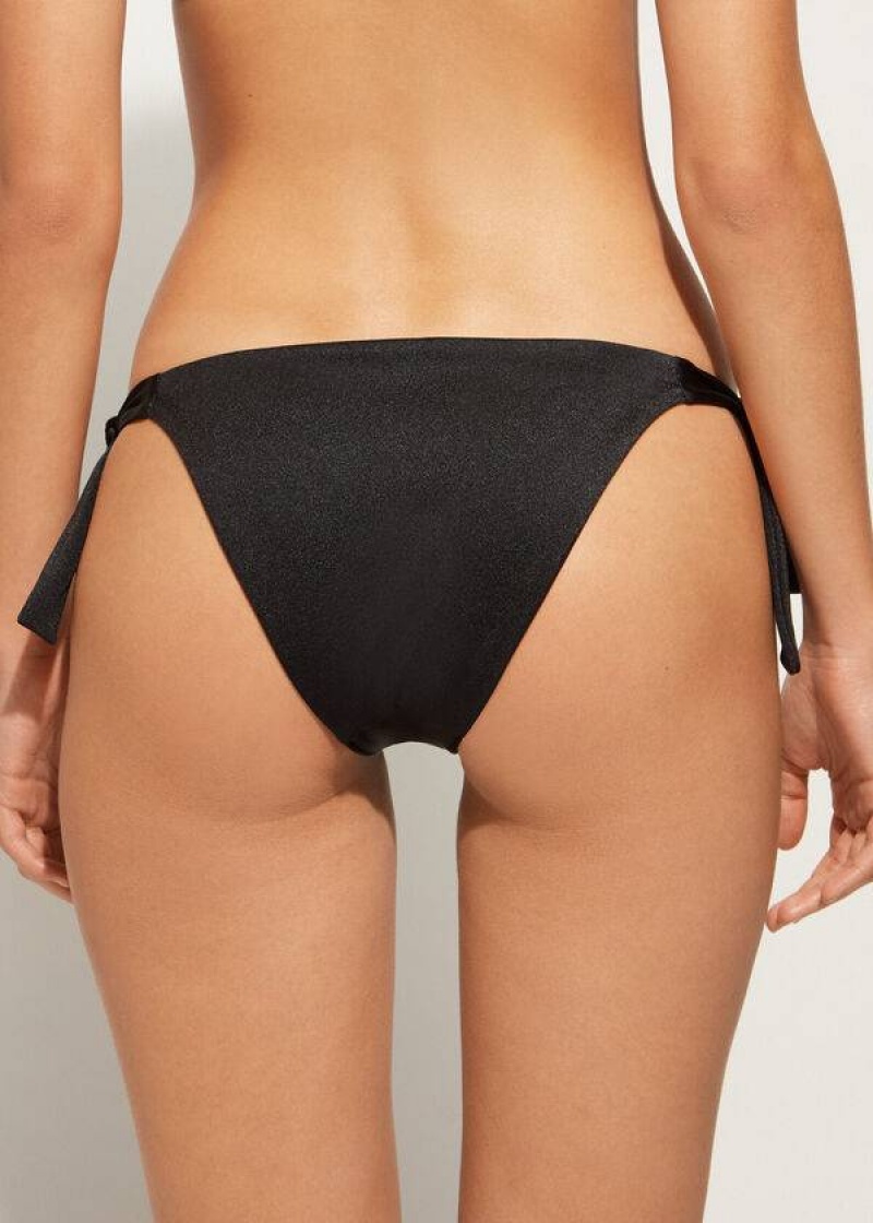 Calzedonia Sequined Side-Tie Cannes Women's Bikini Bottoms Black | CA 2642GL