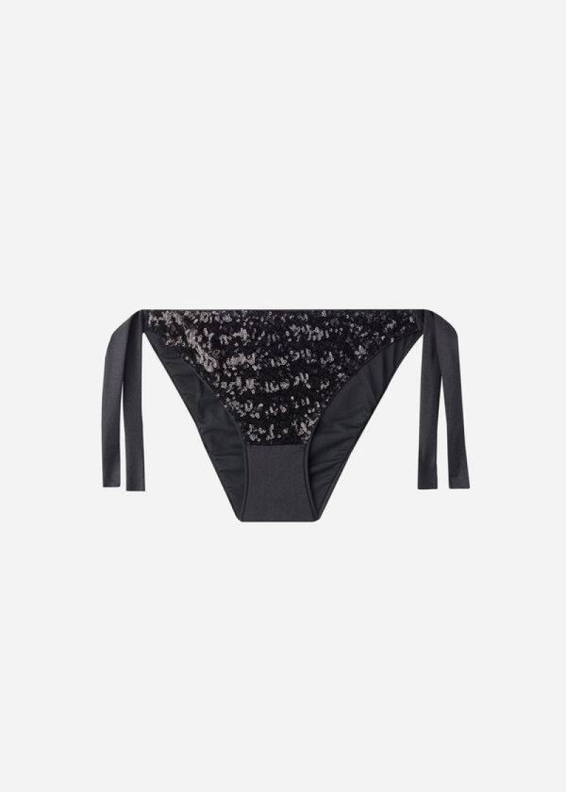 Calzedonia Sequined Side-Tie Cannes Women's Bikini Bottoms Black | CA 2642GL