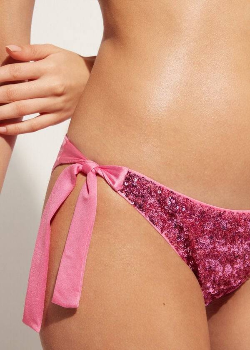 Calzedonia Sequined Side-Tie Cannes Women's Bikini Bottoms Pink | CA 2641HK