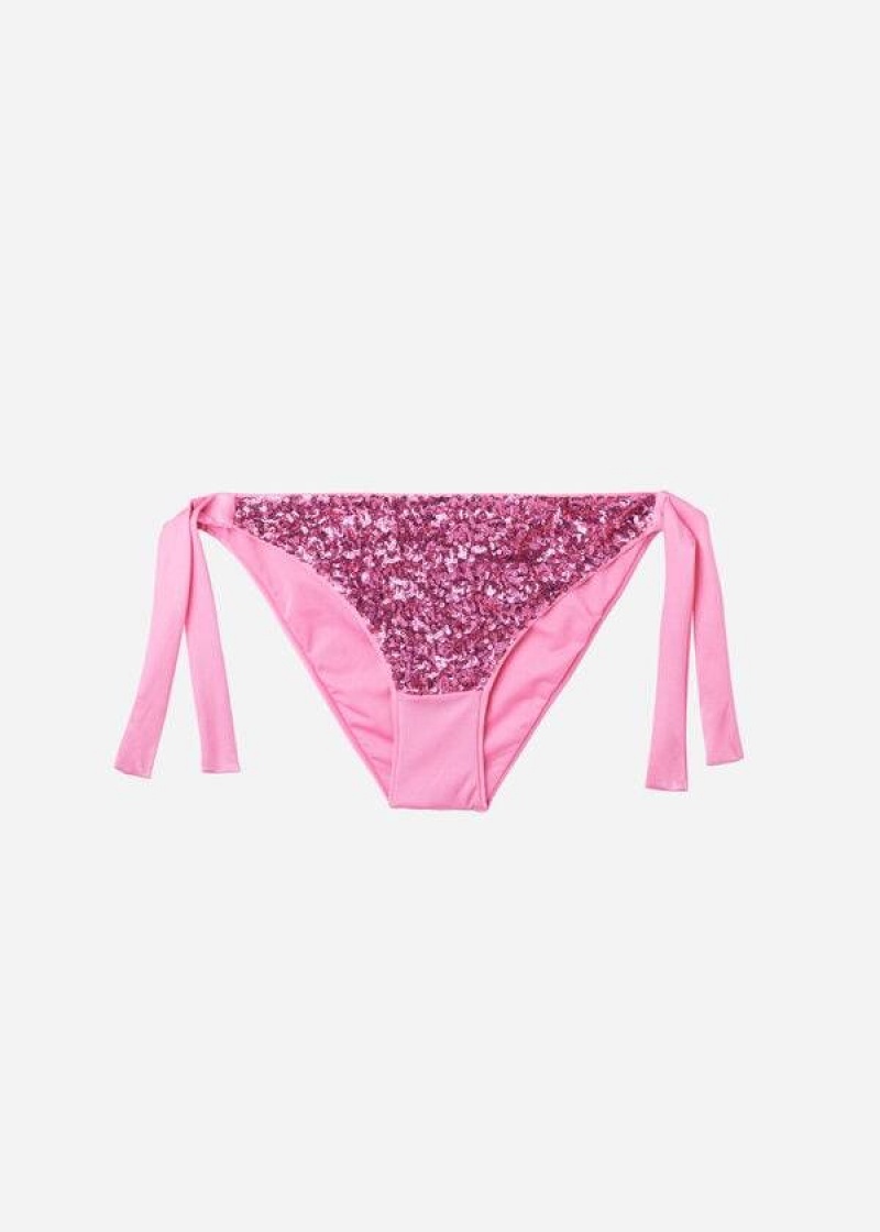 Calzedonia Sequined Side-Tie Cannes Women's Bikini Bottoms Pink | CA 2641HK