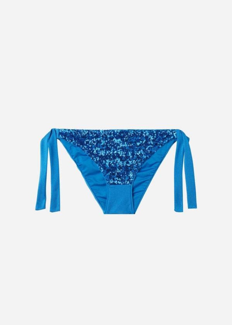 Calzedonia Sequined Side-Tie Cannes Women's Bikini Bottoms Blue | CA 2640NB