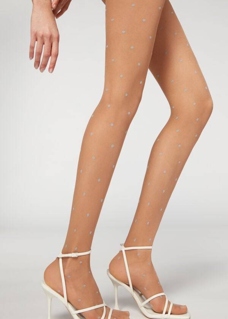 Calzedonia Sheer 30 Denier All-Over Polka-Dot Patterned Women's Tight Beige | CA 3062EX