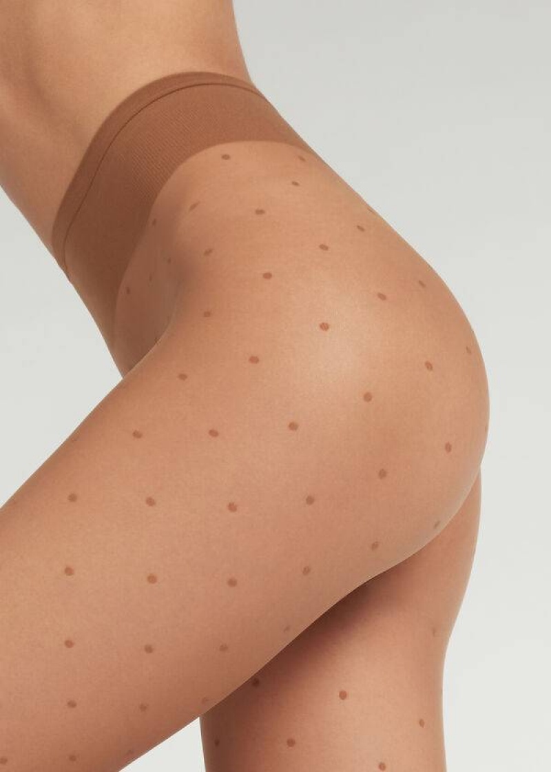 Calzedonia Sheer polka dot Women's Tight Beige | CA 2956AP