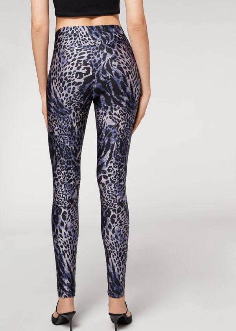 Calzedonia Shiny Animal-Print Athletic Women's Leggings Blue / Grey | CA 1511YU